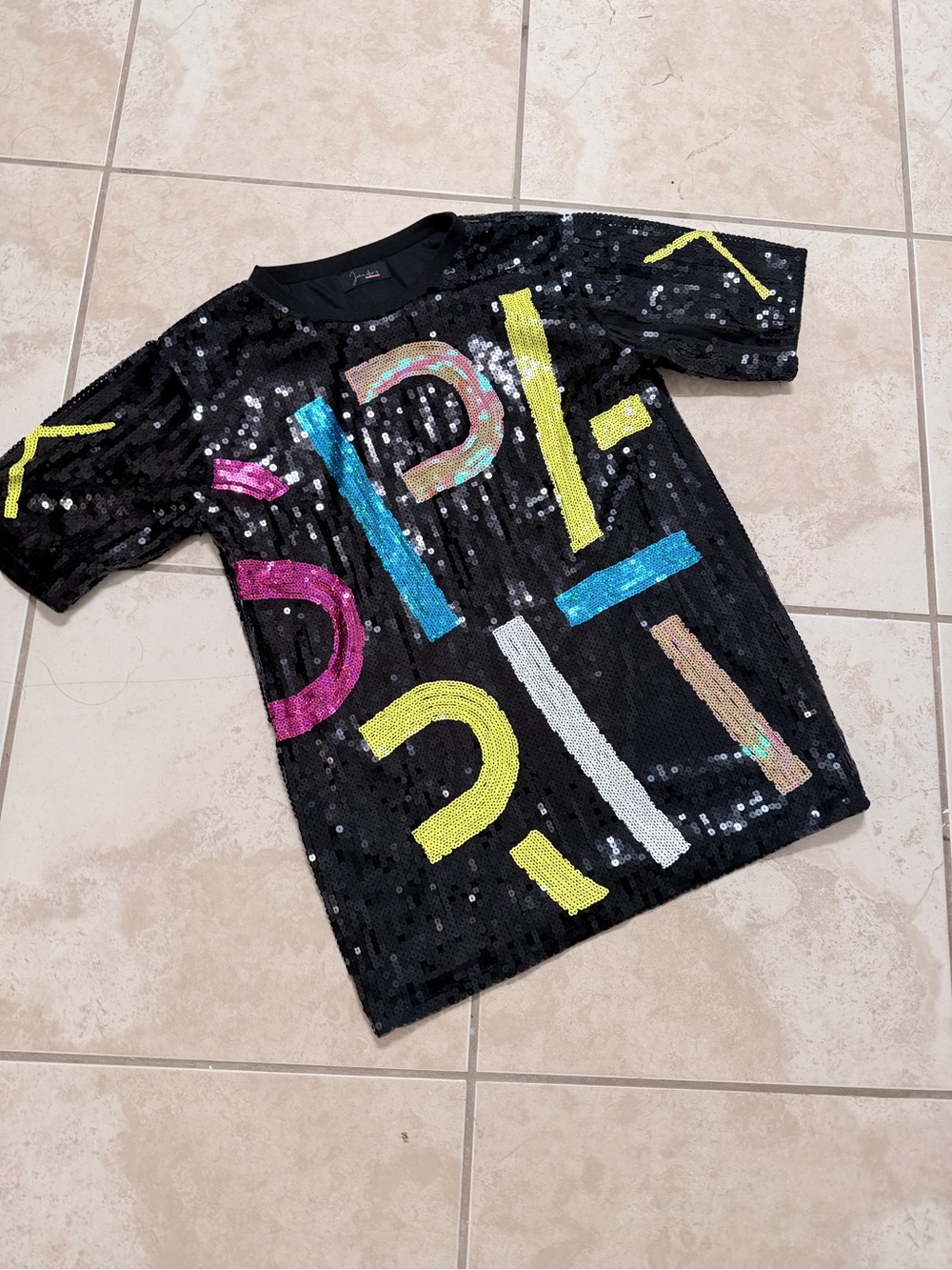 Oversized Sequin Graphic Tee - Black with Multicolor Accents